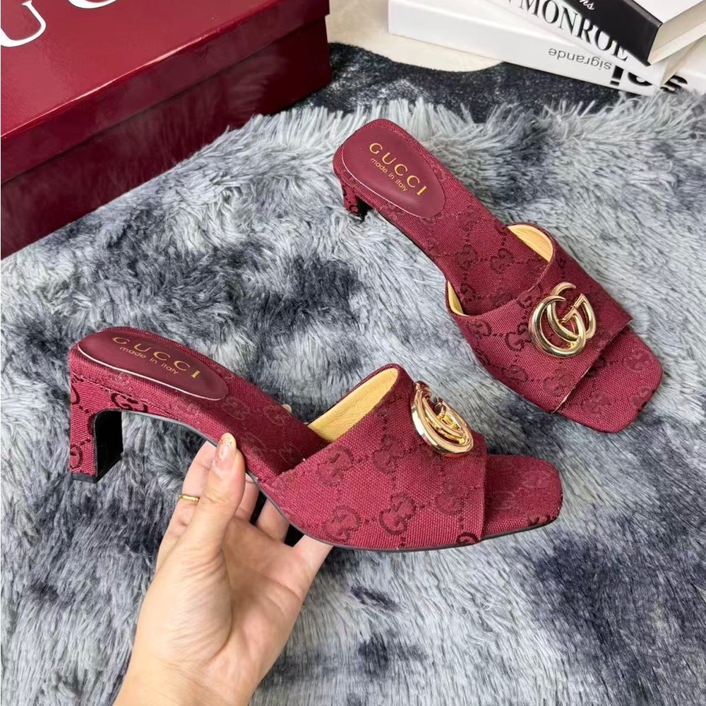 Gucci Interlocking G Burgundy GG Canvas Heeled Slide Sandals
